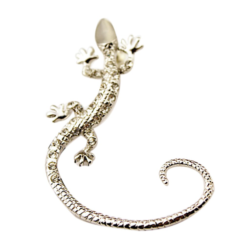 Silver Tone Lizard Gecko Earring Over Ear Hook Cuff with Crystal Ladies - Picture 5 of 6