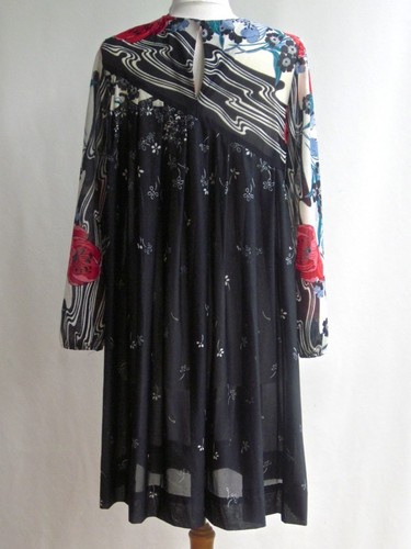 Vtg 70s Dress Mod Hippie Op Art Floral Black Baby Doll Peasant Sleeve Empire M/L - Picture 5 of 9