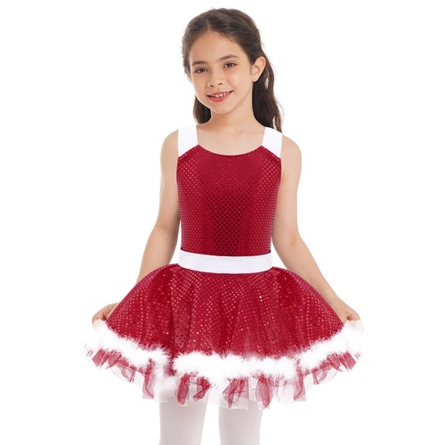 Kids Christmas Candy Cane Costume Sequins Striped Ballet Latin Dance Costume - Picture 5 of 52