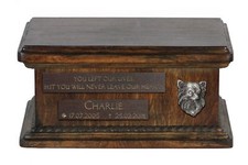 Chihuahua longhaired - Urn for dog  s ashes with relief, sentence, low model