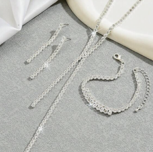 Braut Abschlussball Kristall Halskette Set Armband Ohrringe Silber Elegant Schmuckset - Bild 6 von 9
