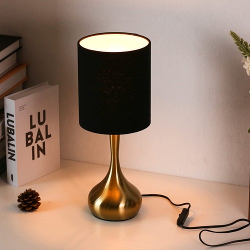 Modern Table Lamp 17.3" Small Desk Light With Brass Metal Droplet Base Black Cyl - Picture 6 of 8