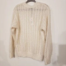 New Molly Bracken Knit Openwork Pullover Sweater Ivory Sparkle Fuzzy Size Large