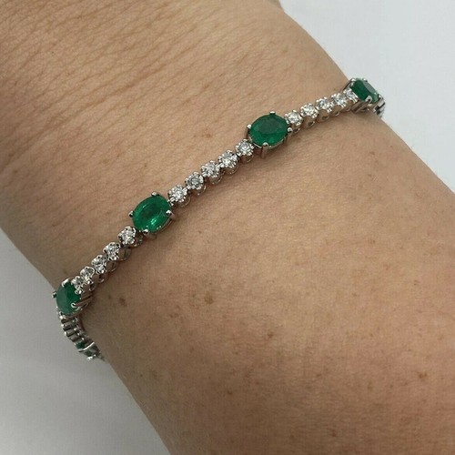 5Ct Oval Cut Green Emerald Diamond Women Tennis Bracelet 14K White Gold Over 7" - Picture 2 of 3