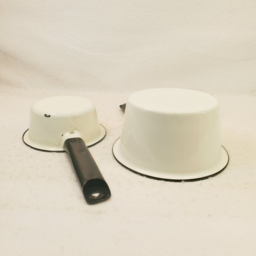 VTG Enamel Ware Pot Sauce Pan White & Black Primitive Farmhouse Decor Set Of 2 - Picture 7 of 18