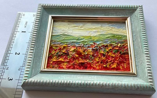 Original oil painting Impressionism Landscape Poppy field mini art 2.5x3 in so - Picture 9 of 9