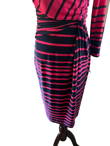 Coldwater Creek Sheath Dress Sz 0-2 Striped Navy/Hot Pink 3/4 Sleeve Poly Blend - Picture 6 of 11