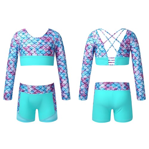 Kids Girls Gymnastics Dance Fitness Outfits Crop Top+Shorts Set Dancewear Suit - Picture 7 of 16