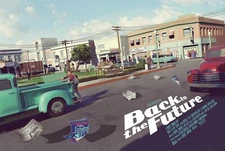 1985 Back To The Future Town Square Chase! Mini Poster Print Marty McFly