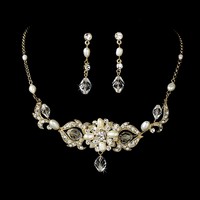 Gold Crystal Pearl Flower Necklace Earring Set - Bridal Wedding Jewellery Gold Crystal Pearl Flower Necklace Earring Set - Bridal Wedding Jewellery