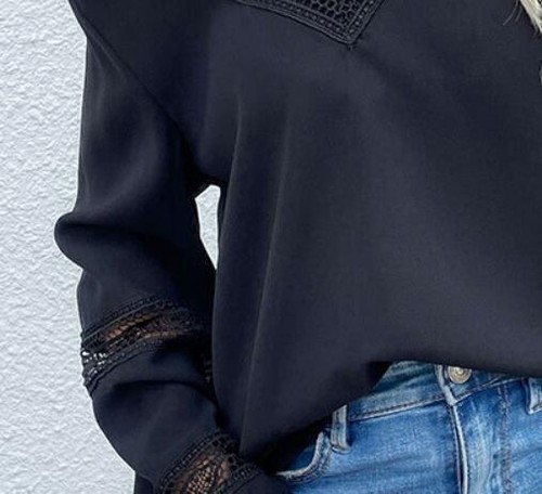 Women's Shirt Tops Loose Patchwork Shirt Pullover V-Neck Hollow Out Long Sleeve - Imagen 9 de 13