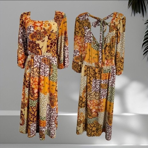 Harlow & Rose Elegant Yellow and Brown Long Sleeve Dress xl - Picture 2 of 4