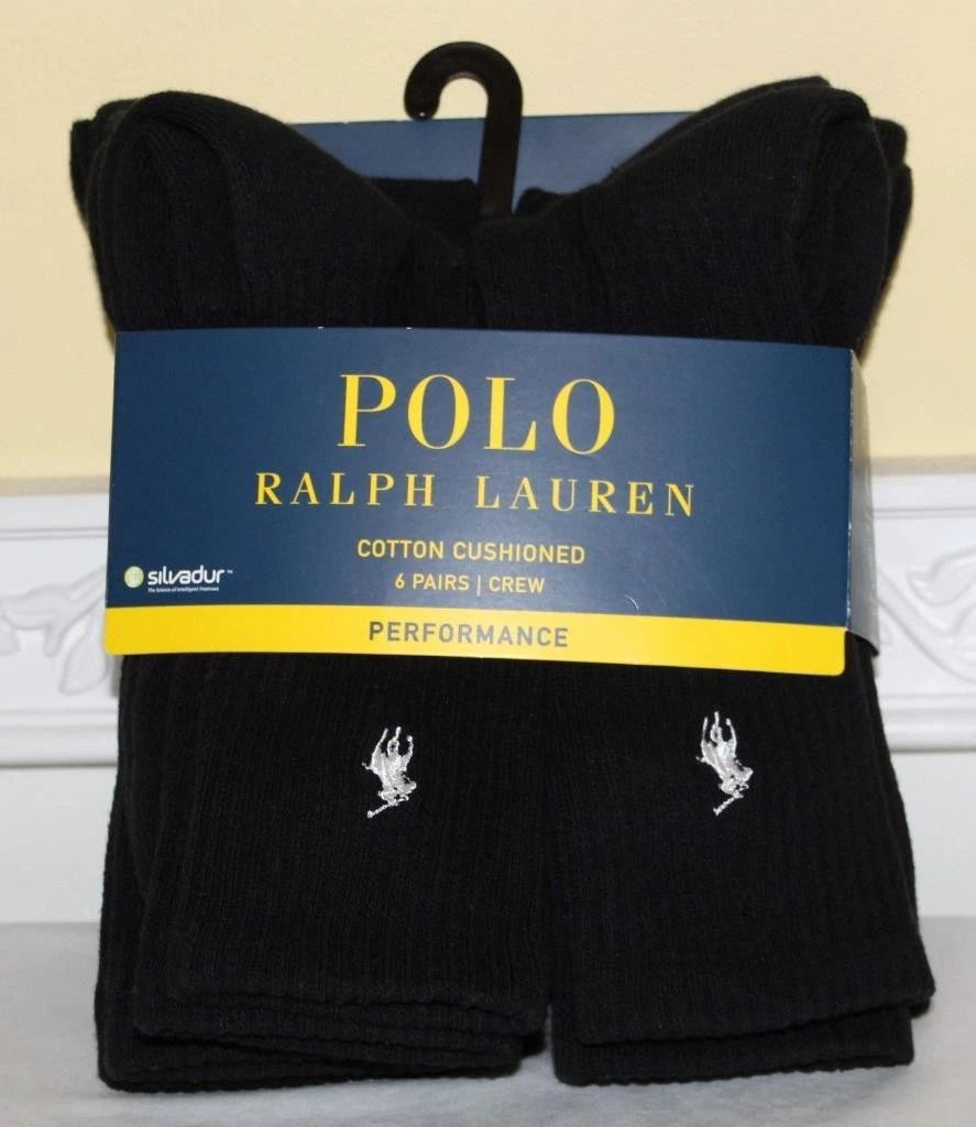 POLO RALPH LAUREN Men's 6 Pair BLACK Crew PERFORMANCE Socks PONY LOGO *F2