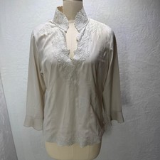 Soft Surroundings Cream Embroidered Split Neck M Blouse Pleated Cuff Office