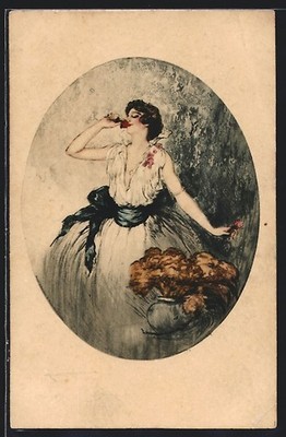 Künstler-AK J. Hardy: Art Deco, Mädchen riecht an Rose 