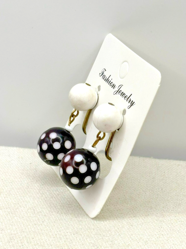Vintage Germany Black Cherry And White Polka Dot Ball Drop Clip On Earrings - Picture 16 of 23