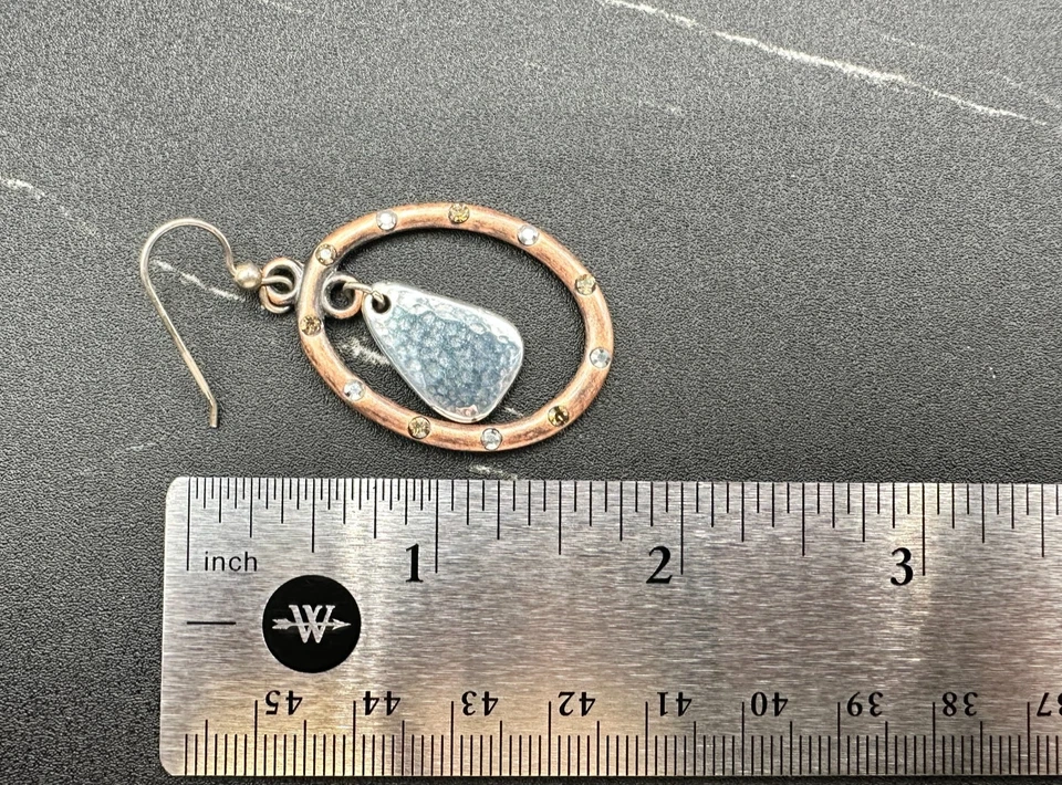 Pendientes colgantes ovalados de cobre de colección martillados plata acento gota estrás gancho boho Foto 3 de 4