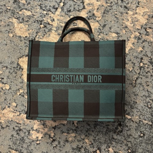 Christian Dior Embroidered Green Checkered Canvas Book Tote Bag Worn Lightly 