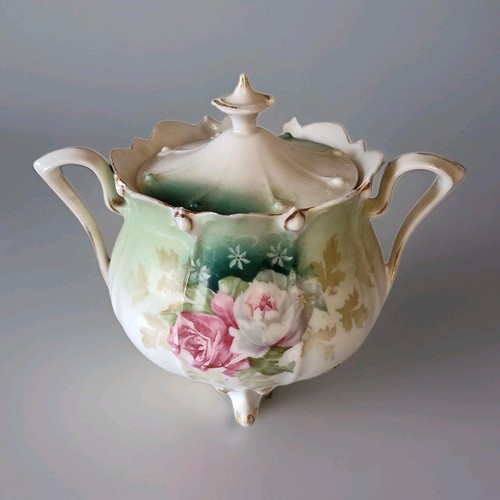 Antique RS Prussia Porcelain Sugar Bowl with Lid Pink Roses Gold Accents Footed