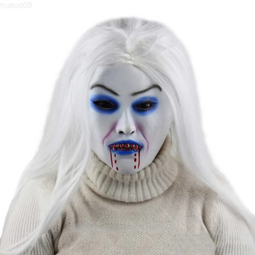 HALLOWEEN GRUSELIGE LANGE WEISSE HAARE LATEX MASKE Dämon Vampir Kostüm Verkleidung - Bild 2 von 11