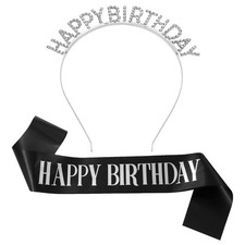 Birthday Crown and Sash Birthday Sash for Women Rhinestone Tiara Black-Silver