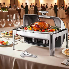 Roll Top Chafing Dish Set, 4 Qt. Stainless Steel Chafer with 2 Half Size Pans...