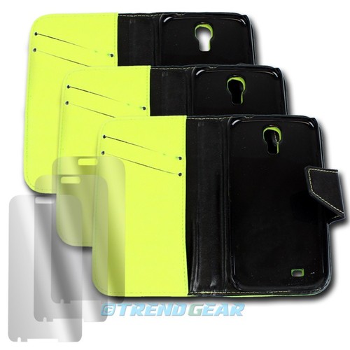 3 WALLET CASE COVER+SCREEN PROTECTOR FOLDING PU LEATHER YELLOW GALAXY S IV I9500