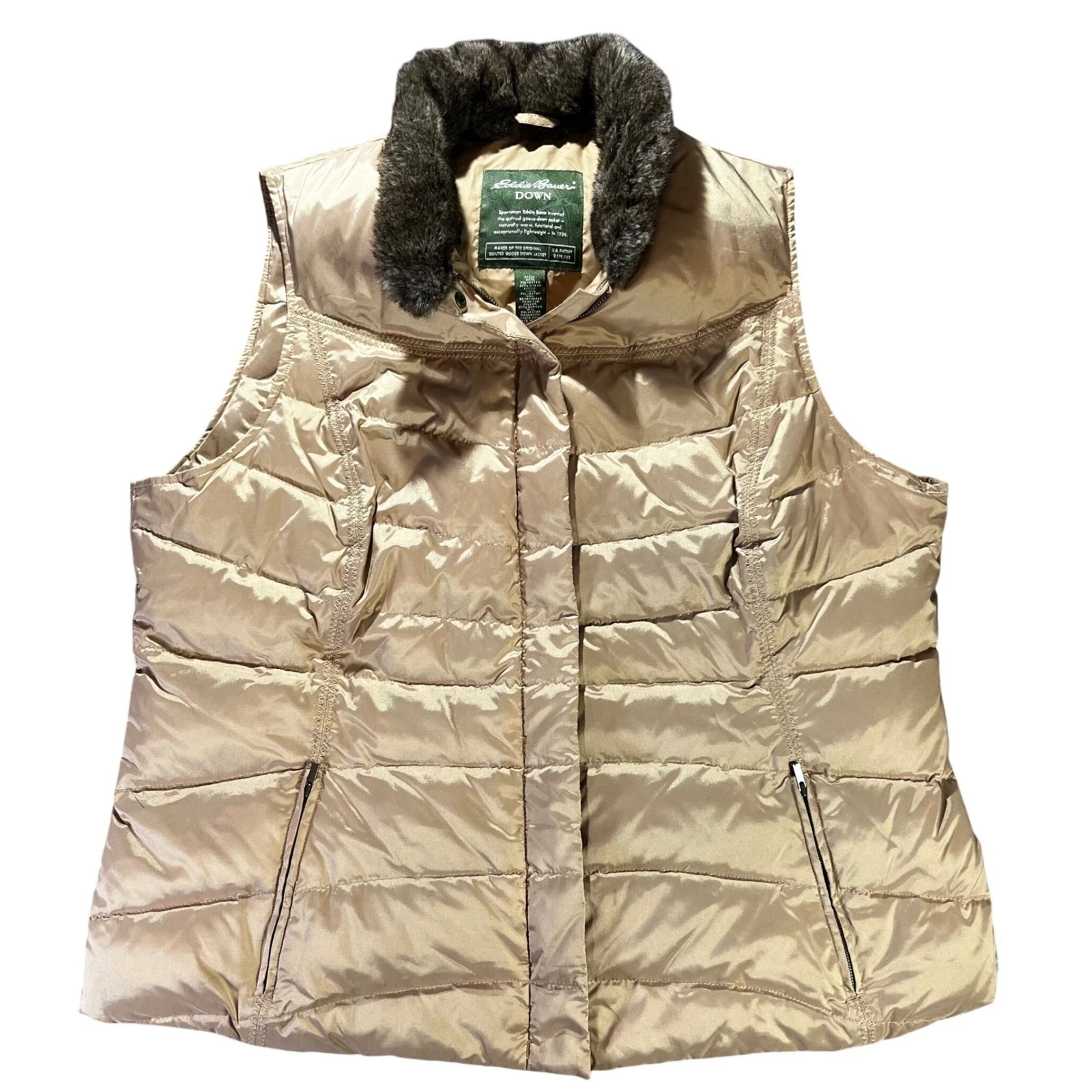 Eddie Bauer Down Puffer Vest woman 3X Tan Faux Fur Collar Quilted Zip Pockets