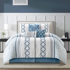 Luxury 7 Piece Cozy Comforter Set, California King, Blue, Embroidered Bedding...