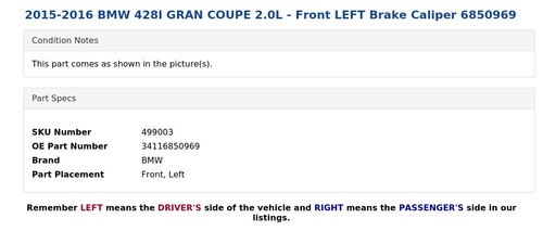 2015-2016 BMW 428I GRAN COUPE 2.0L - Front LEFT Brake Caliper 6850969 - Picture 5 of 6