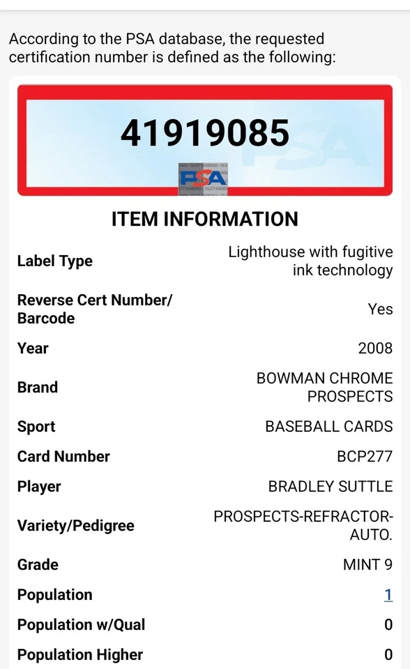 Pop 1 2008 Bowman Chrome Prospects refractor Bradley Suttle #BCP277 automático PSA 9 Foto 3 de 3