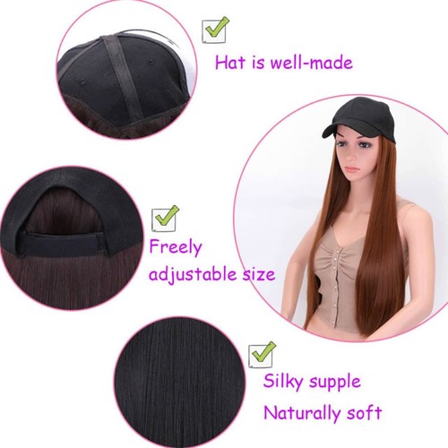 24" Long Straingt Synthetic Hair Hat for Women Adjustable Baseball Cap with Hair - Picture 2 of 4