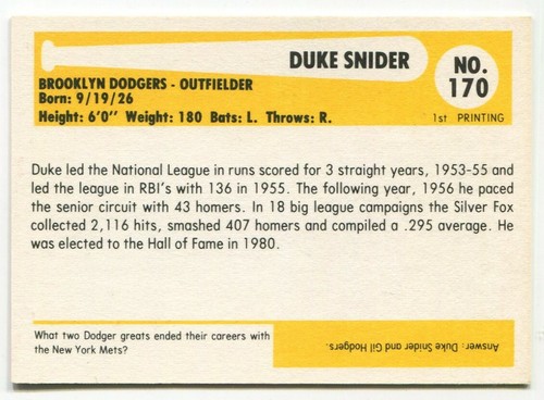 1980 Baseball Immortals #170 Duke Snider Brooklyn Dodgers - Picture 2 of 2