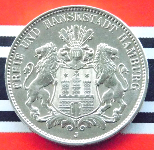 GERMAN 3 Mark 1914 J States HAMBURG Hansestadt 90% Silver Coin EMPIRE WW1 + UNC+