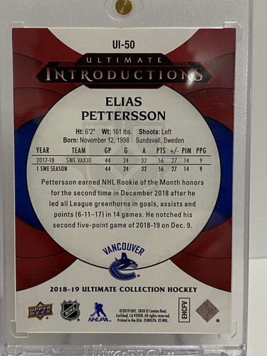 2018 19 Ultimate Introductions Royal Red UI-50 Elias Pettersson Rookie SDSP 1/6 - Picture 2 of 2