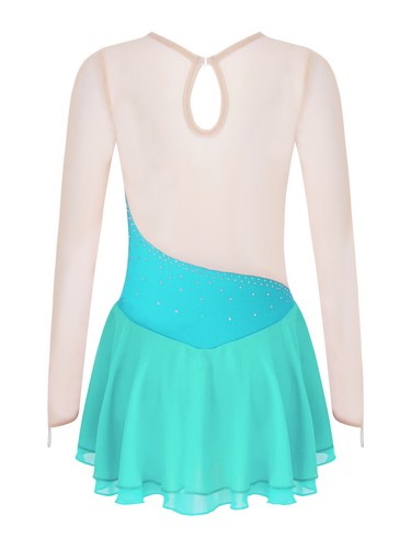 Girls Long Sleeve Glitter Rhinestone Mesh Splice Figure Ice Skating Dance Dress - Bild 45 von 79