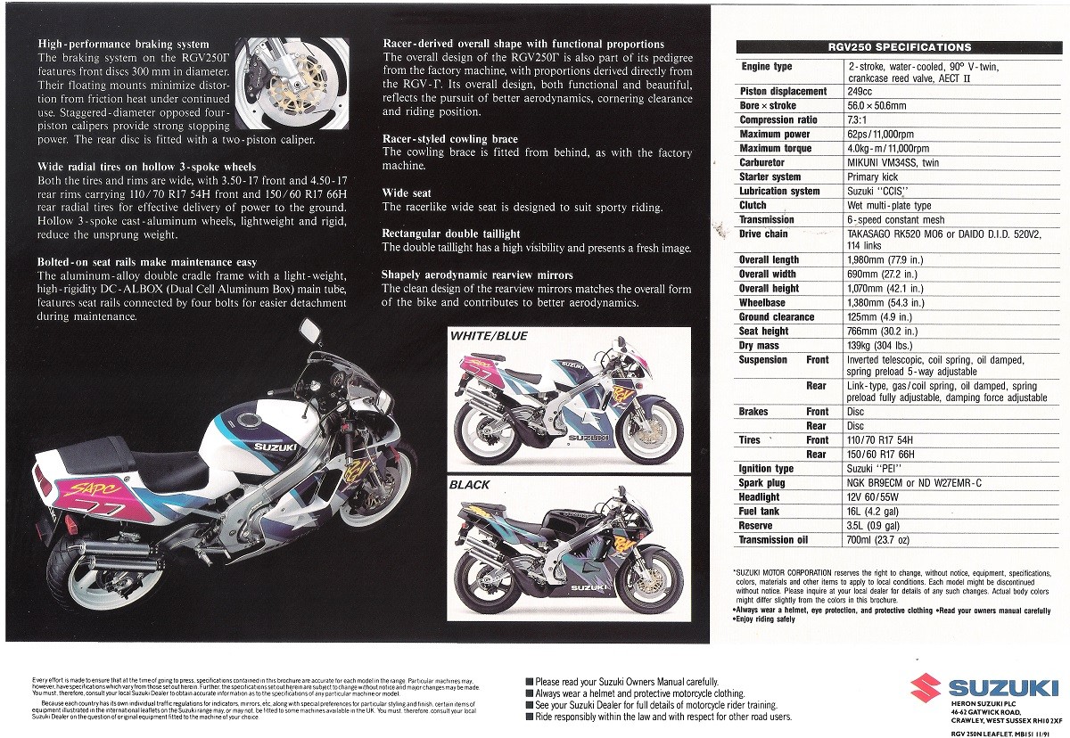 Suzuki RGV250 GB Sales Brochure RGV 250 Gamma RGV250N | eBay