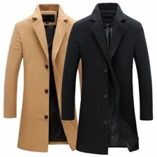 Men Single Breasted Long Jacket Trench Coat Artificia Overcoat Warm Outwear