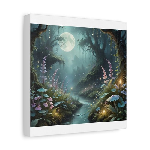 Enchanted Moonlit Forest Canvas – CottageCore Fairy Garden Night Wall Art Print - Picture 15 of 17