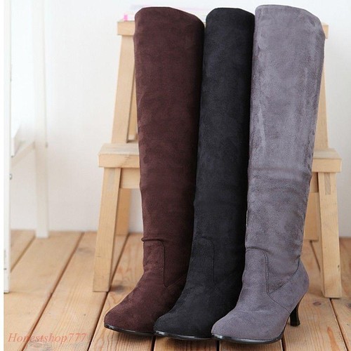 Women's Kitten Heels Slouch Stretchy Faux Suede Shoes Winter Over the Knee Boots - Picture 4 of 15