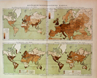 1896 Antique WORLD POPULATION STATISTICAL MAPS Art Lithograph Chromatography