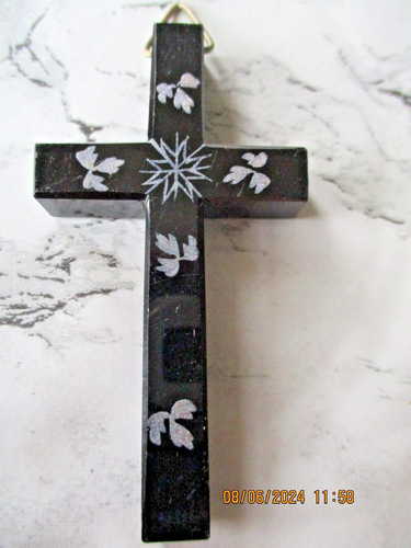 ANTIKES VIKTORIANISCHES RELIGIÖSES WANDKREUZ UM 1890, GLAS, SCHWARZ, FLORAL - Bild 6 von 6