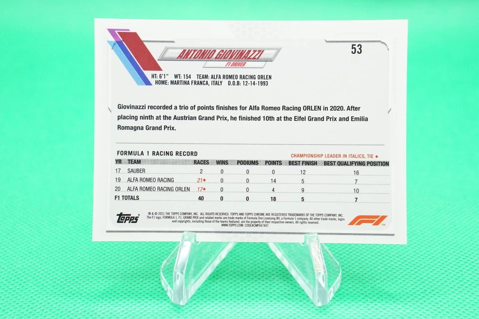 (4 Cards) 2021 Topps Chrome F1 Base F1 Racers #53 Antonio Giovinazzi SD9 - Image 2 of 4