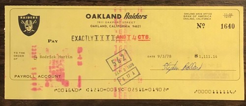 Rod Martin 1978 Oakland Raiders signed check BAS USC - Bild 1 von 4