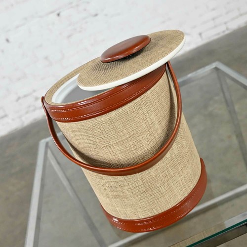 Cubo de hielo de cuero sintético vintage moderno bronceado y marrón aspecto de lino de Kraftware - Imagen 8 de 12