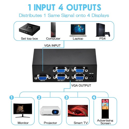 DC 5V 1A 4 Port VGA Splitter 1 in 4 out VGA Video HD 200MHz Support 720P/1080P - Picture 7 of 12