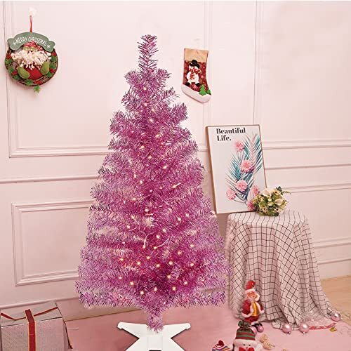 4 FT Pre-lit Artificial Christmas Tree, Lighted Tinsel Pencil Pine Spruce Pink - Picture 3 of 7