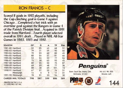 1992-93 Pro Set Ron Francis Pittsburgh Penguins #144 - Picture 2 of 2