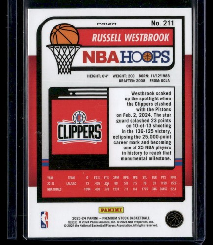 Cortapelos Panini Premium Stock #211 Russell Westbrook Ice Prizm 2023-24 - Imagen 2 de 2