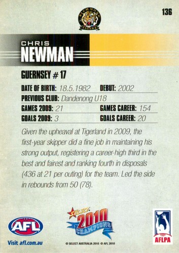 Signed 2010 Richmond Tigers AFL Select Champions Card - Chris Newman - Picture 2 of 3